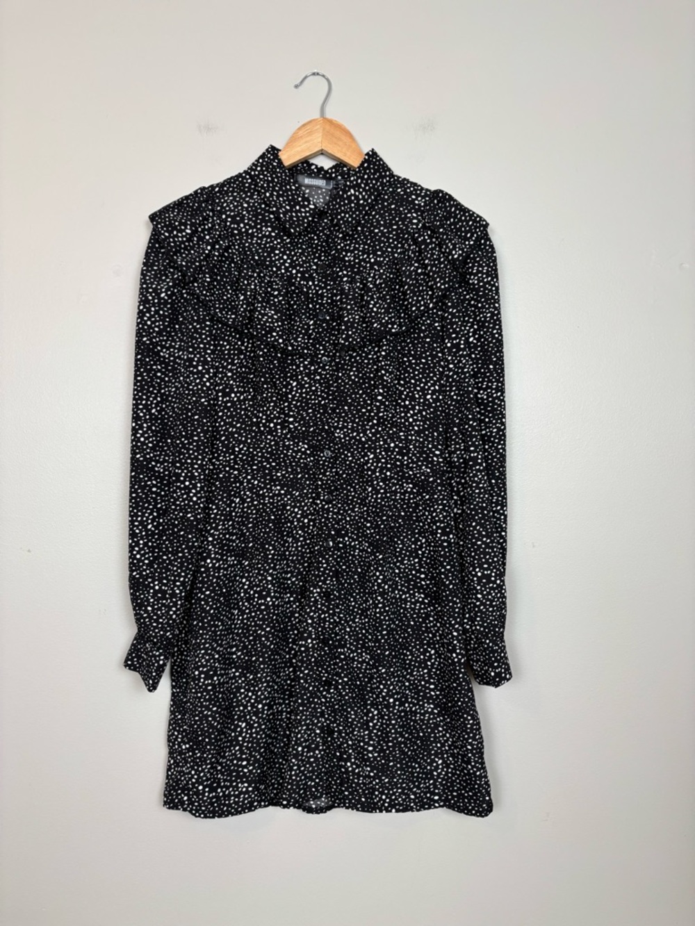 Missguided Dress Womens 6 Black White Ruffle Bib Shirt Dress Long Sleeve